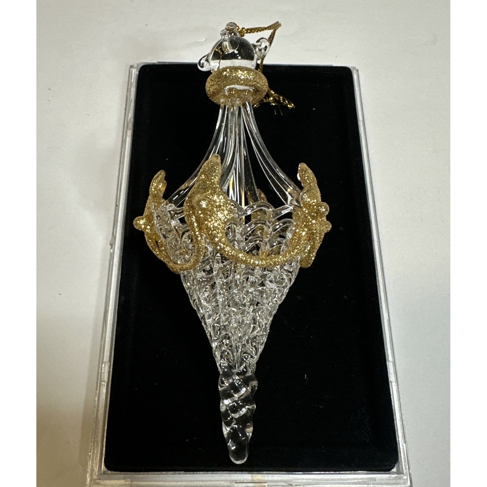 Vtg. Unique Treasure Christmas Angel Hair Spun Glass Ornament with Gold Trim